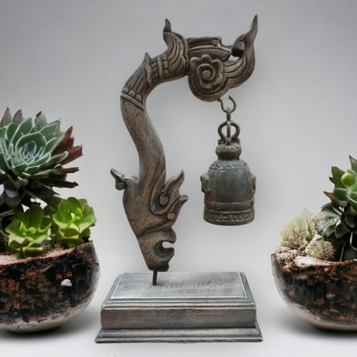 Kinaree Thai Tempel Glocke mit Schnitzerei - Bronze Glocke - Massivholz - thailändische Dekoration - 40cm Stativ im thailändischen Stil