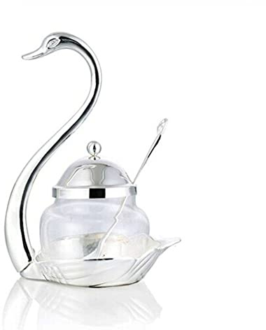 Zuckerdose mit Deckel und Löffel, Elegante schwanenförmige Gold-/Silber-Gewürzdose, Zuckerdose, luxuriöse Salzschale, Gewürzdose for Abendessen-Golden-1 (Color : Silver, Size : 1)