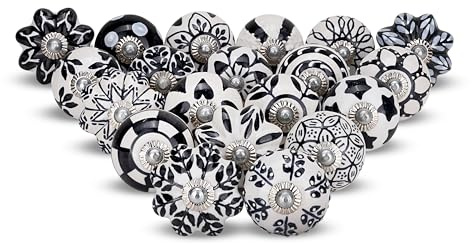 Furnishing Full Finesse Sortiment an schwarz-weißen Keramik-Schrankknöpfen für Schubladen, Küchenschränke, Kleiderschränke, Boho-Stil, mehrfarbig, dekorative Möbelbeschläge, Kommoden, 20er-Set