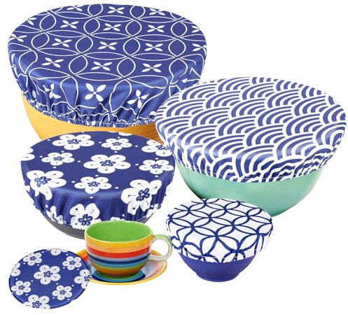 PHOGARY Set of 5 Reusable Food Cover, Elastic Fabric Covers Multi Purpose Food Storage Dish Covers Can Lids, Fruit Vegetable Meat Preservation Fresh Keeping Cover Elasticated, Blue Floral
