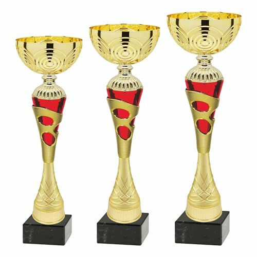 Generico Tris Coppe Trofeo 3 Pezzi con Targhetta Personalizzata Inclusa – Premiazioni Sportive, Tornei, Fantacalcio – Coppe Oro Rosso ABS & Marmo