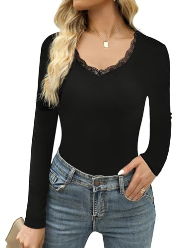 Crewhpo Maglia Donna Manica Lunga Scollo a V con Pizzo Basic Slim Fit