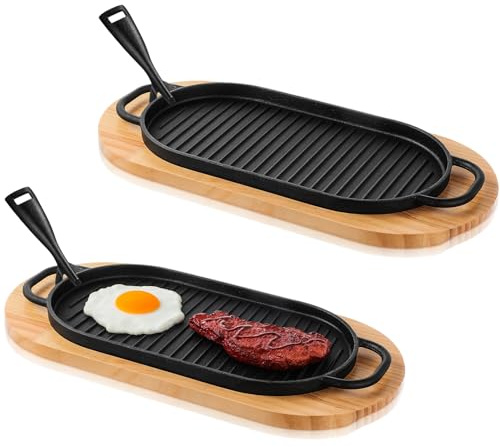 Yiyiring 2 Pcs Cast Iron Fajita Skillet Pan Set Sizzling Steak Plate with Wooden Base and Removable Handle Cast Iron Grill Frying Pan for Home Restaurant Kitchen Cooking (12 x 6.3 Inch)