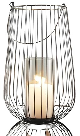 Windlicht Retro groß aus Metall, schwarz/Gold, 34 cm hoch, Hängelaterne mit Windlichtglas, Kerzenhalter