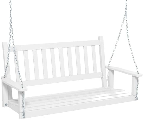 KOMFOTTEU 2-3-sits poppel trä gunga, hängande bänk med justerbara metallkedjor, hängmatta stol med ribbrygg, upphängd trädgård säte (vit, 136 x 67 x 63 cm)