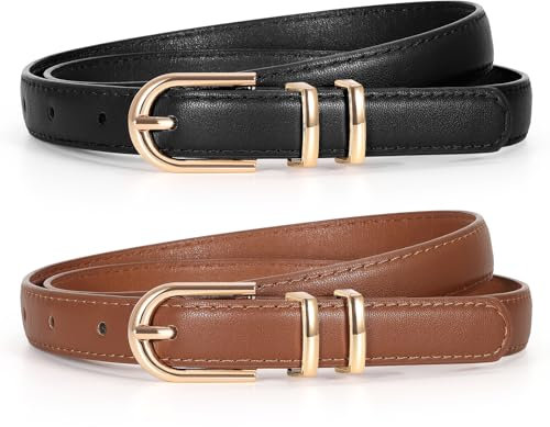 WERFORU 2 Stück Frauen Skinny Ledergürtel für Jeans Hosen Dünner Kunstledergürtel mit Goldschnalle