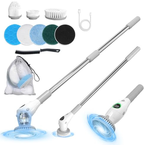 HOMSCAM Spazzola di pulizia elettrica Spin Scrubber cordless, 8 testine sostituibili, 3 velocità, manico regolabile, schermo a LED, per bagno, cucina, auto, piastrelle, bianco