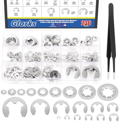 Glarks 237 PCS 304 Acero Inoxidable Star Lock Arandelas y E-Clip Halteringe Kit 100 Piezas 9 Tamaños Presión Arandelas Bloqueo 136 PCS 12 Tamaños E-Ring Circlip Anillos
