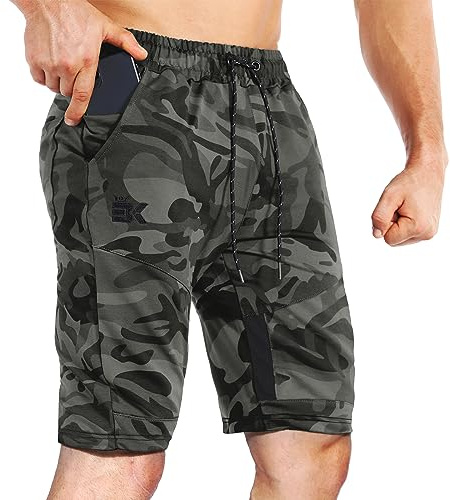 BROKIG Gym Shorts Herren Baumwolle Fitness Sport Shorts Herren Kurze Hose mit Taschen (Tarnfarbe grün,M)