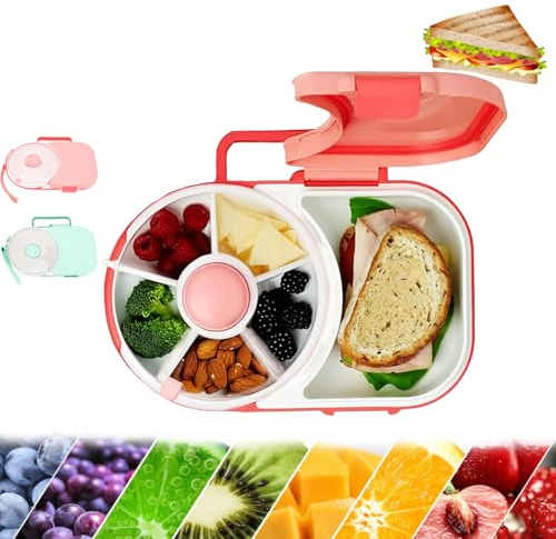 Snack Spinner Lunch Box, Reusable Portable Rotating Snack Box, 5 Small +1 Large Sandwich Compartment, Snack Container Box Bundle with Hand Strap, Damp Proof Snack Box Container