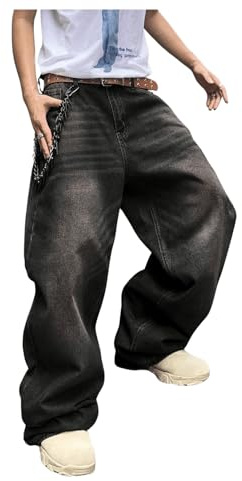 SHENHE Men's Wide Leg Jeans Vintage Baggy Jeans Casual Loose Fit Denim Pants with Pockets Black Medium