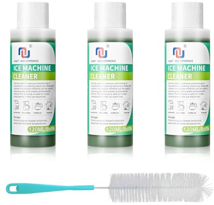 Ice Machine Cleaner and Descaler Refresh Water Dispensers Stainless Steel & Nickel Safe Ice Maker Cleaner 4 Oz 3 Packs Compatible w: Whirlpool, NUNET, Ecozy etc. w. Long Handle Brush (120z)