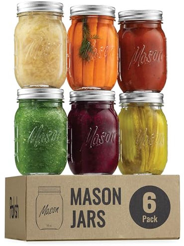 475ml Mason Jar with Anti-Slip Design & Measuring Scale – Premium Thickened Calcium Glass, Lead-Free, Leak-Proof Lid with Plastic Seal, 7cm Wide Mouth, Ideal for Storage, Preserves & More (6 Pack)