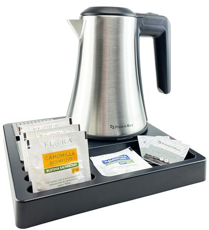 Present-More Service à thé noir - Set de plateau en ABS noir et bouilloire en acier inoxydable gris 0,8 l