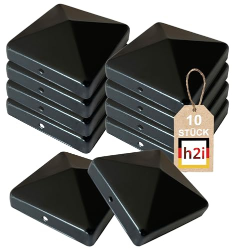 h2i Pfostenkappe | Stahl Schwarz pulverbeschichtet | 91 x 91 mm | 10 Stück | Abdeckkappe für Garten Holz-Pfosten Pfostenträger & Zaunpfosten in Pyramidenform | Wetterschutz für Holz-Balken