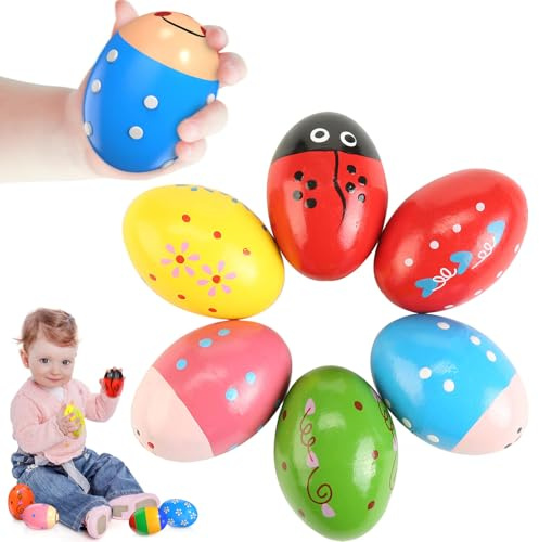 Norhogo 6 Stück Holz Maracas Eier Shaker Set, Osterei Maracas, Percussion Musical Easter Egg Shakers, rasseleier Baby, Eier rasseln, musikeier Baby für Babys und Kleinkinder Spielgeräte
