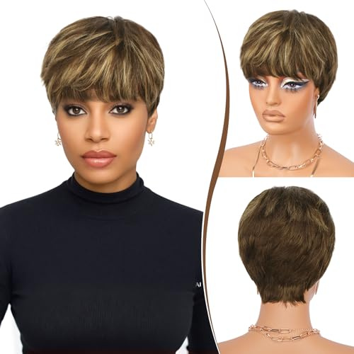 RUWISS Pixie Cut peruk peruker med äkta hår äkta hår peruk naturlig kort peruk skiktad vågig olika stilar korta peruker för svarta kvinnor (4/27#)