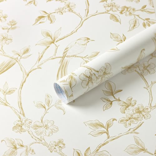 Yomshi Rustic Self Adhesive Wallpaper Brown Wallpaper Peel and Stick Bird Floral Wallpaper Sticky Back Plastic 44x300cm Waterproof Vinyl Film for Bedroom Living Room
