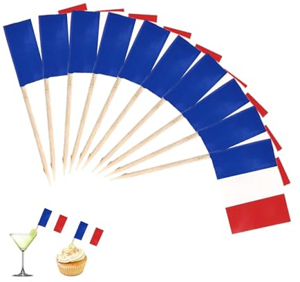 100 stuzzicadenti con bandiere della Francia, decorazione della Francia, bandiera francese, mini decorazione per cupcake, stuzzicadenti con bandierine, decorazione per cocktail party, pub, decorazione