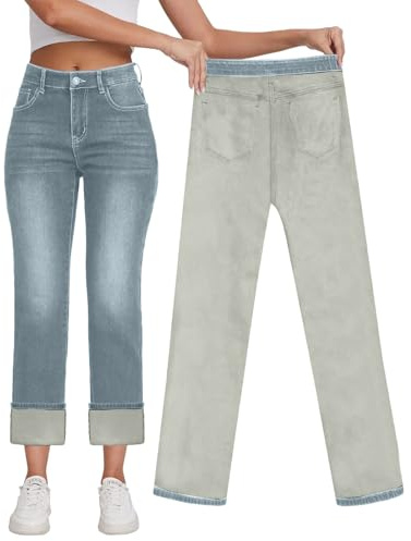 Jeans con forro polar para mujer, jeans de cintura alta de pierna recta para mujer, pantalones de forro polar de invierno para mujer, pantalones de mujer con forro polar, pantalones aislantes para