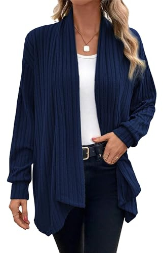 Chicrise Cardigan Mujer Manga Larga Punto Chaqueta Otoño Ligera Suéter Rayas Abierto Ancho AzulMarino Grande 42-44 L