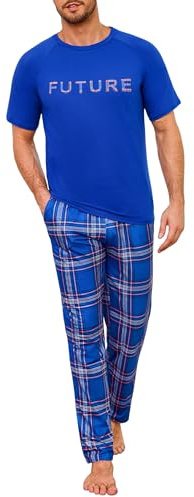 Marvmys Pigiami Uomo Cotone Girocollo Maniche Corte e Pantaloni Pigiama Lunghi a Quadri Due Pezzi da Uomo Completino per Casa Leggero Morbido