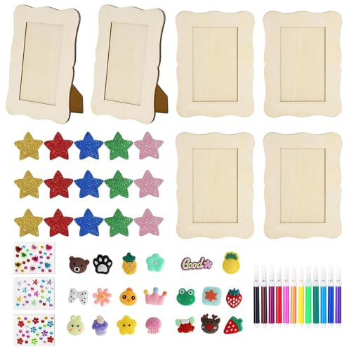 ZHIQIN 6 Stück Set Holzbilderrahmen zum Bemalen Bastelset DIY Bilderrahmen für Kinder Holzrahmen mit Glitzersteine Glitter Moosgummi Sticker Aquarellstifte 3D Aufkleber für Jubiläen Geburtstage
