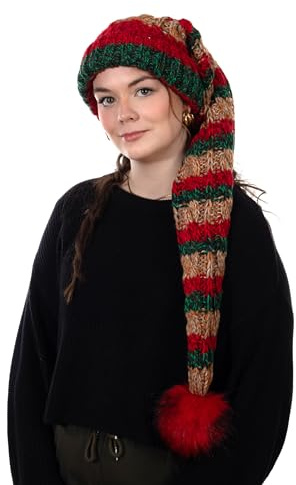 Birendy Mütze A Zipfelmütze lang gestrickt mit Fleece gefüttert Beanie Bommelmütze mit Bommel aus Kunstfell