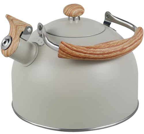 Whistling Kettle, 2.5L Stainless Steel Stove Top Kettle with Wood Grain Handle and Tall Whistle, Retro Style Teapot for Kitchen Gas Stove, Induction Cooker (Beige)