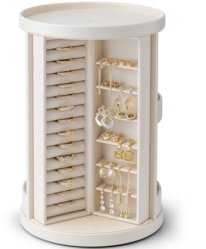 Vlando 360°Rotating Jewelry Box,Earring Organizer Large Vertical Jewelry Organizer with 6 Necklace Hooks, Open Ring Display Storage for Women - Cream White