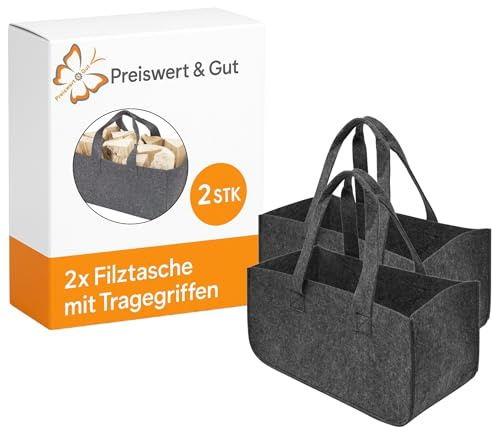 2 STK Filztasche Kaminholzkorb grau mit Tragegriffen 50 x 25 x 25 cm | Brennholzkorb und Kaminholztasche aus Filz als Holztasche für Kaminholz Preiswert&Gut