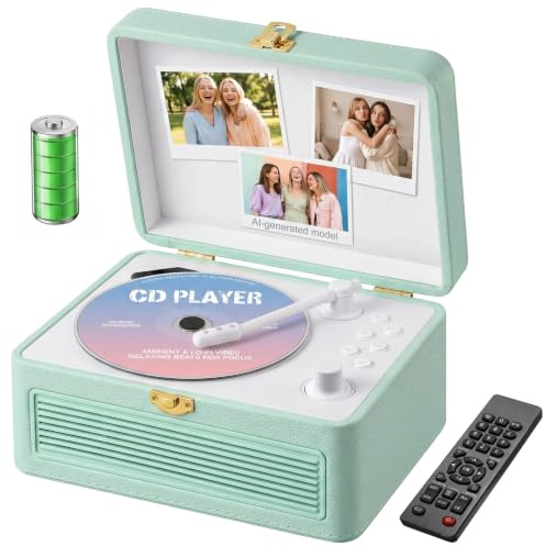 Gueray Reproductor CD Cuero Portátil con Altavoces 3600mAh Recargable Bluetooth para Decoración Hogar, Regalo Festival Diseño Maletín Retro con Mando, Soporta USB AUX(Verde)