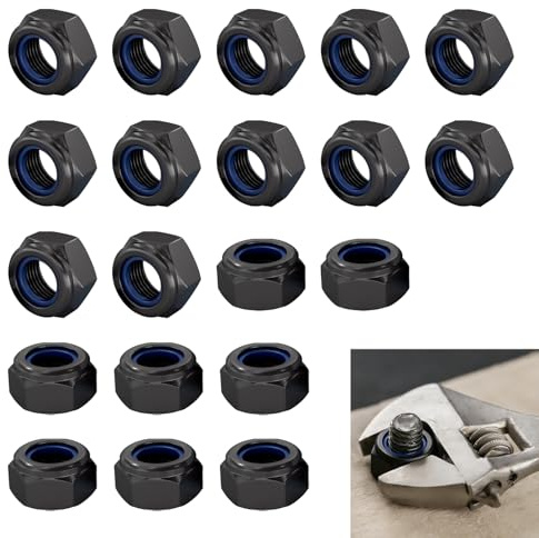 20 PCS M6 Nyloc Nuts, M6 Nylock Nuts Steel, 6mm Self-Locking Hex Lock Nut with Nylon Inserts, Black Hexagon for Bolts, Washers, Screws, Corrosion Resistant, Easy Install for Automotive, Machinery, DIY