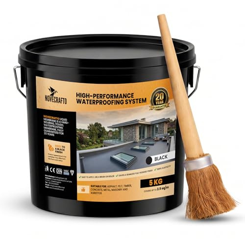 NOVECRAFTO Liquid Rubber Roof Coating Kit with Brush, 5KG – Smart Drying Technology Waterproof Sealant – UV-Resistant Water-Based Leak Repair Membrane for Garage, Shed, Gutter & Flat Roof