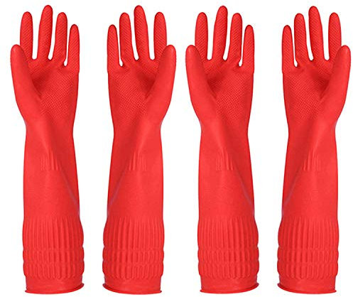 YSLON 2-Pairs Rubber Cleaning Gloves and 2-Pack Cleaning Cloth, Reusable Washing up Gloves for Kitchen Dish Washing, Household Gloves Non-slip (Red, Large)