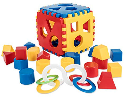 Mimtom Formensortierer Steckwürfel | Steckbox Babyspielwürfel mit 18 Sortierblöcken und Spielringe hergestellt in der EU| Lernspielzeug für Kinder von 1-3 Jahren - rot, blau & gelb