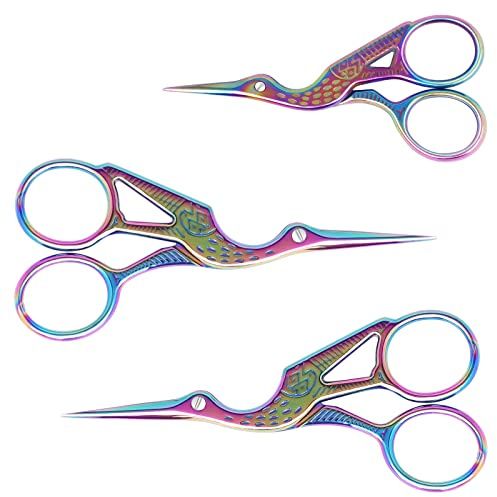 Embroidery Scissors, Small Stork Crane Design Sewing Stainless Steel Sharp Scissors, Suitable for Embroidery, Needlework, DIY Crafts and Daily Use, Set of 3, Colorful