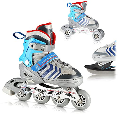 Nils Extreme Inline Skates 4in1 - Schlittschuhe Kinder - Inliner für Kinder und Erwachsene - Inliner mit ACEB7-Lager - Eislaufschuhe Kinder 29-33 Verstellbare - Blau und Grau - NH18192