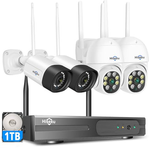【PTZ+5MP】Hiseeu 5MP Kit Videosorveglianza WiFi,360° Visione Notturna a Colori,10CH NVR con 1TB HDD 4x5MP Telecamere WiFi,Registrazione 24/7 Sistema,Rlevamento Movimento Alarm Accesso Remoto Alexa