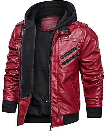HOOD CREW Men’s PU Faux Leather Motorcycle Bomber Jacket With a Removable Hood