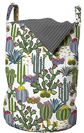 ABAKUHAUS Kaktus Wäschesack, Blue Agave und Feigenkaktus, Wäschekorb mit Griffen Kordelzugverschluss für Waschsalons, 33 cm breit x 49 cm hoch, Mehrfarbig