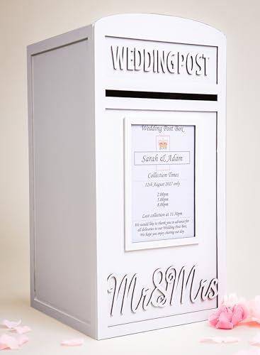 Large Personalised White Wooden Wedding Card Post Box With Padlock & Keys, Locking Postbox, Royal Mail Events Cards Box, Wedding Card Box For Reception