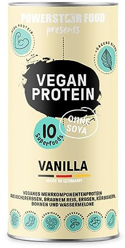 Powerstar VEGAN PROTEIN 500 g | Veganes Protein-Pulver ohne Soja | Mehrkomponenten Eiweiß-Pulver mit 10 Superfoods ergänzt | Deutsche Herstellung | Ideal zum Muskelaufbau | Vanilla | Mehrkomponenten Eiweißpulver mit 10 Superfoods ergänzt - vegane Proteinpulver Vanille-Geschmack - Deutsche Herstellung