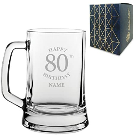 Personalised Engraved Tankard Beer Mug Stein Happy 80th Birthday Classic Design Gift Boxed, 16.75oz/495ml Classic Beer Glass, Any Name, Engraved in The UK