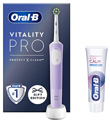 Oral-B Vitality Pro Electric Toothbrushes For Adults, 1 Handle, 1 Toothbrush Head, 3 Modes Including + Sensitivity & Gum Calm Toothpaste, 2 Pin UK Plug, Purple