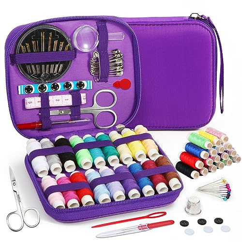 AUERVO Kit de couture 86 pièces avec fils et aiguilles pour adultes, bricolage, maison, voyage et urgence avec petit étui compact violet à fermeture éclair