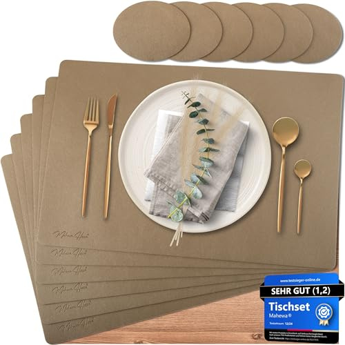 Mahewa® 6er Set Premium Tischset aus Kunstleder - Platzset abwaschbar und wasserdicht - Platzdeckchen Telleruntersetzer in Lederoptik (Gold/Sand, Eckig)