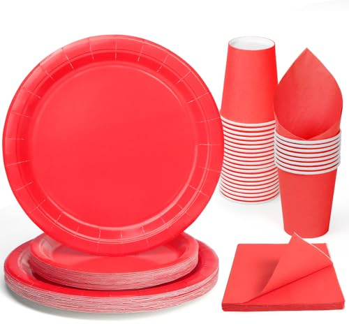 PARTY GO 96 Pezzi Stoviglie per Feste Per 24 Ospiti Con Piatto Usa e Getta di Carta Party Tazze Tovaglioli, Piatti Carta per Compleanno, Nuziale Doccia, Fidanzamento, Matrimonio, Rosso