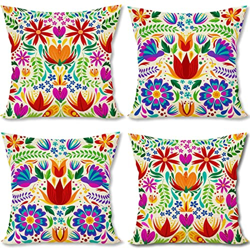 FARMNALL Mexikanische Fiesta-Kissenbezüge, 45,7 x 45,7 cm, 4 Stück, Libelle, Blume, Dahlie, Tag der Toten, Dia de Los Muertos Cinco de Mayo Dekorationen