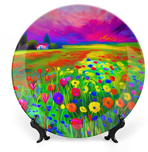 Decorative Plates, A Vibrant Wildflower Field Display Plate for Home Office Kitchen Table Decor Porcelain Plates 20 CM, Birthday Gifts